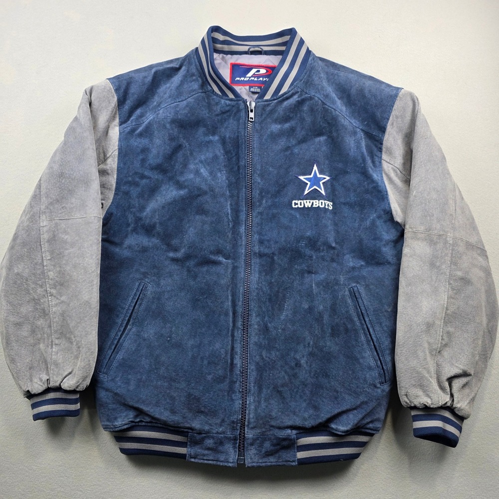 Pro Player Mens Dallas Cowboys Suede Leather Varsity Jacket Navy‎ Blue Grey M
